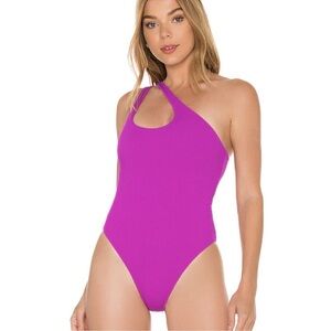 L*Space Phoebe Classic One-Shoulder Rib One-Piece Swimsuit, Size 4 in Pitaya